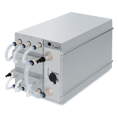 Silver hydro mining unit with coolant hoses, an ethernet port, and a round power inlet.